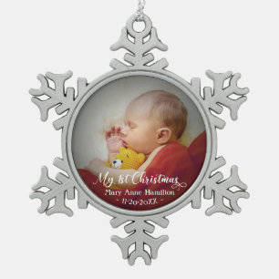 Baby erstes Weihnachtsfoto Schneeflocken Zinn-Ornament