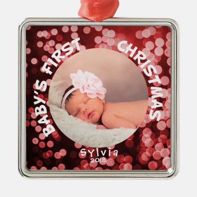 Baby-erstes Weihnachtspersonalisiertes Foto Ornament Aus Metall (Vorne)