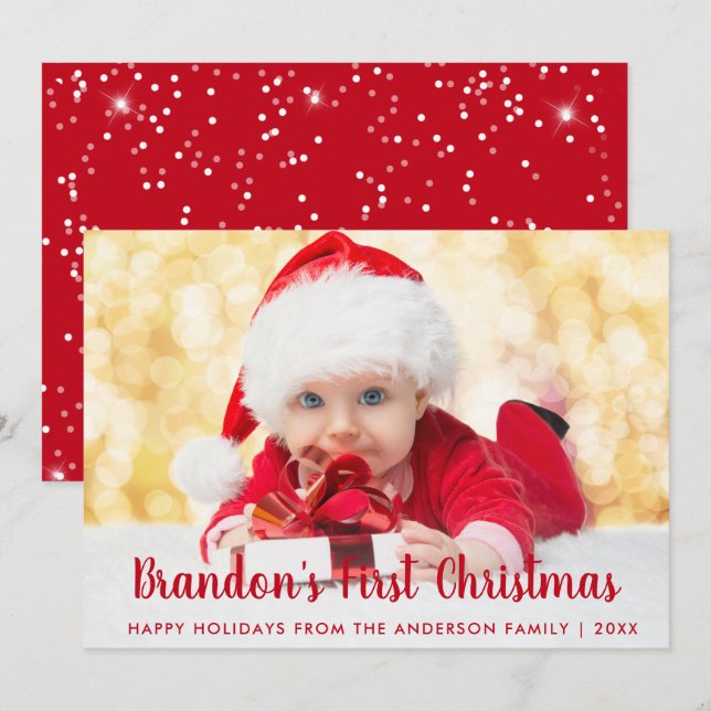 Baby-erstes Weihnachtsrote Skript-Foto-Karte RS Einladung (Vorne/Hinten)