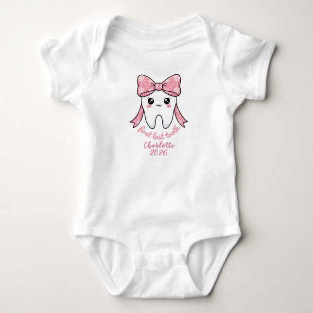 Baby Erstes Zahn Rosa Schleife Meilenstein Kawaii  Strampler (Vorderseite)