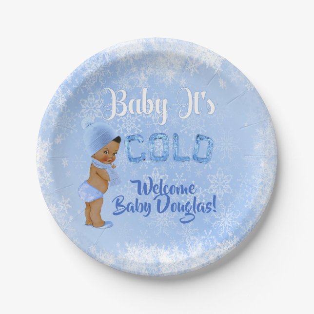 Baby Es ist Cold Snowflake Blue Ethnic Boy Dusche Pappteller (Vorderseite)