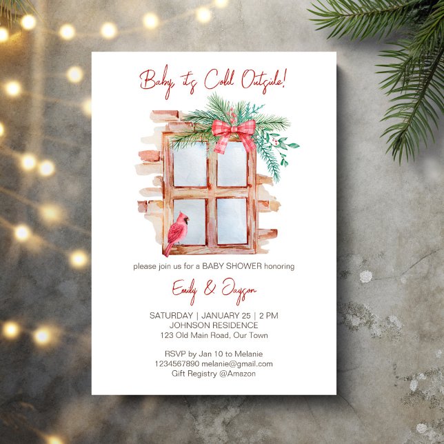 Baby es ist kalt draußen Babypastel Einladung (Baby it's cold outside winter baby pastel invitation cards template frosty window red bow pines bird)