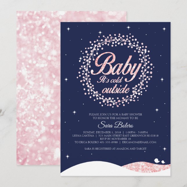 Baby Es ist kalt draußen Dusche Navy rosa Sparkle Einladung (Vorne/Hinten)