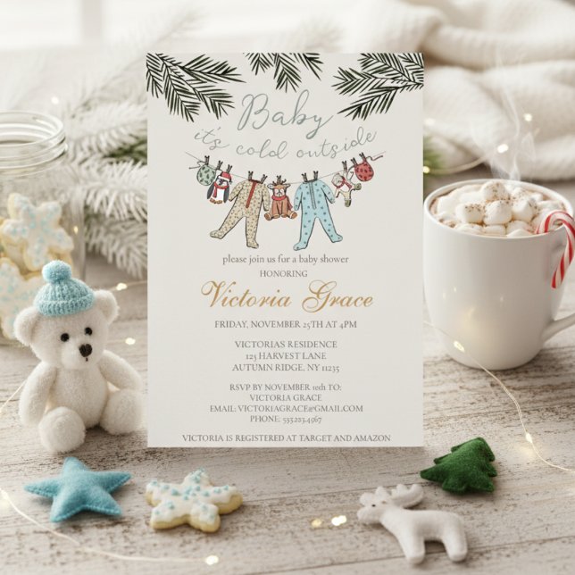 Baby Es ist kalt draußen Geschlecht Neutral Baby D Einladung (Cute Baby It's Cold Outside Winter Baby Shower Invitations. Xmas Baby Pajamas, Stuffed Animals, Pine)