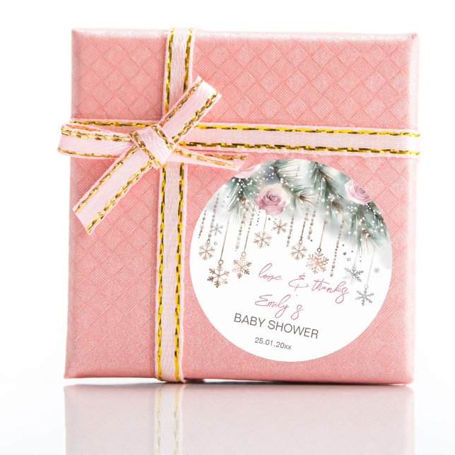 Baby es ist kalt draußen im Winter Babydusche Gefa Runder Aufkleber (Baby it's cold outside winter baby shower favor sticker blush pink roses snowflakes thank you sticke)