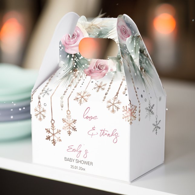Baby es ist kalt draußen im Winter Babydusche Geschenkschachtel (Baby it's cold outside winter girls baby shower favor box pink blush roses pines crystals snowflakes)