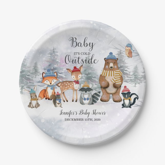 Baby Es ist kalt draußen im Winter Woodland Babydu Pappteller (Vorderseite)