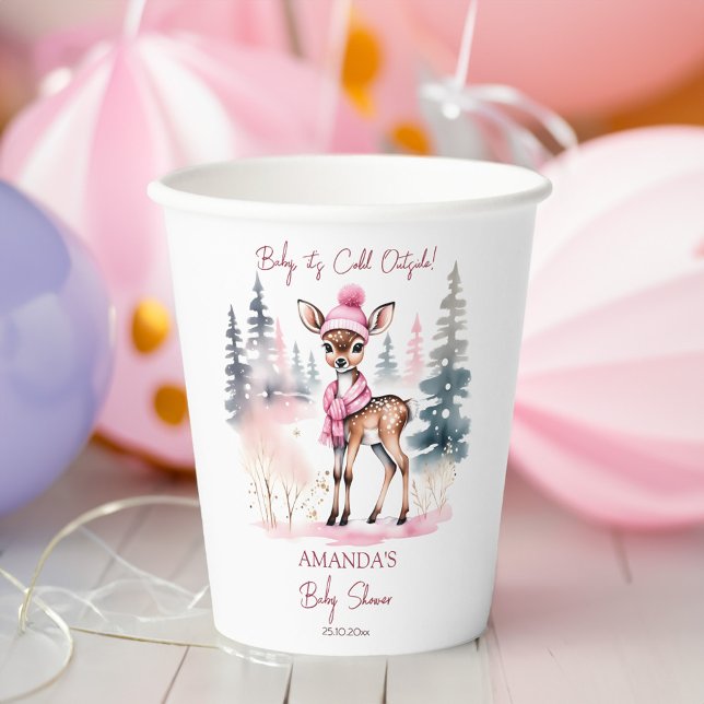 Baby es ist kalt draußen Mädchen Rehe Babydusche Pappbecher (Baby its cold outside winter deer baby shower tableware template paper cups cute girl deer pink hat)