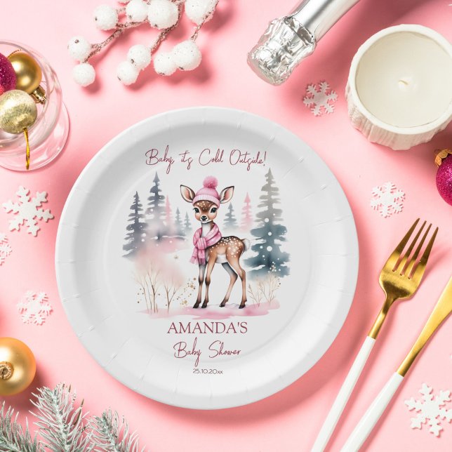 Baby es ist kalt draußen Mädchen Rehe Babydusche Pappteller (Baby it's cold outside cute baby deer baby shower tableware personalized party plates template)