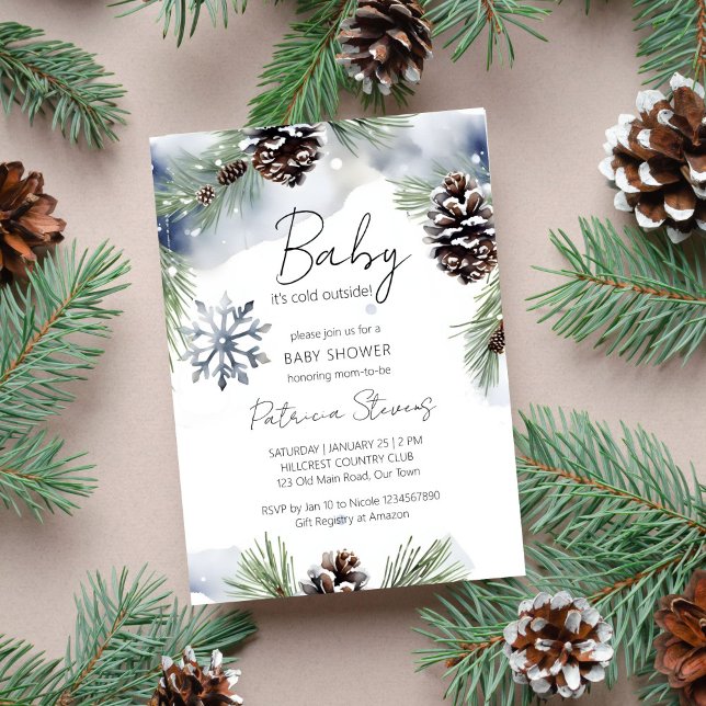 Baby es ist kalt draußen schneebedeckte Pinien Bab Einladung (Baby it's cold outside watercolor snowy pines baby shower editable template invitation download)