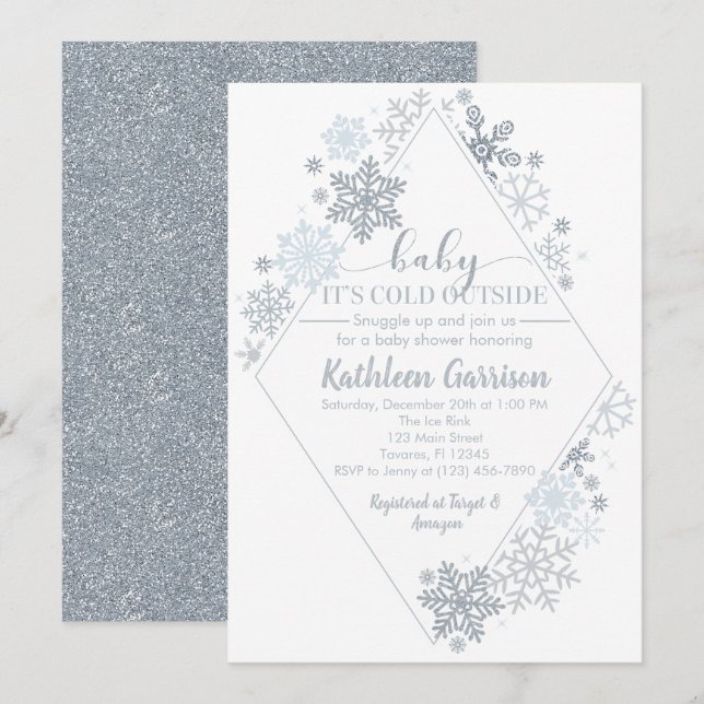 Baby Es ist kalt draußen Silver Snowflake Dusche Einladung (Vorne/Hinten)