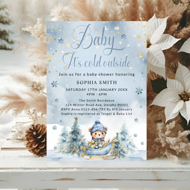 Baby Es ist kalt draußen Winter Bear Blue Gold Einladung (Von Creator hochgeladen)