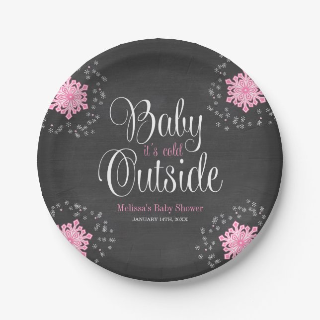 Baby Es ist kalt im Freien Rosa Schneeflocken Baby Pappteller (Vorderseite)