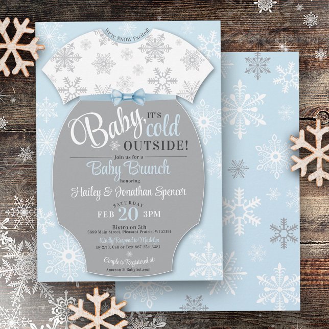 Baby Es ist kalt Outside Boy Blue Snowflake Winter Einladung (Baby It's Cold Outside Bodysuit light pastel blue and gray Snowflake Baby Brunch Shower Invitation)
