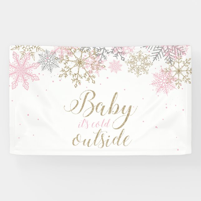 Baby Es ist kalt Outside Rosa Glitzer Schneeflocke Banner (Horizontal)