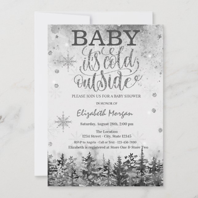 Baby Es ist kalte Outside Forest Snow Baby Dusche Einladung (Vorderseite)