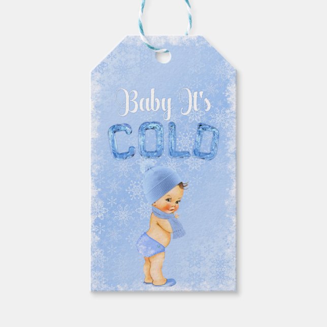 Baby Es ist kalter Winter Snowflake Blue Boy Dusch Geschenkanhänger (Vorderseite)