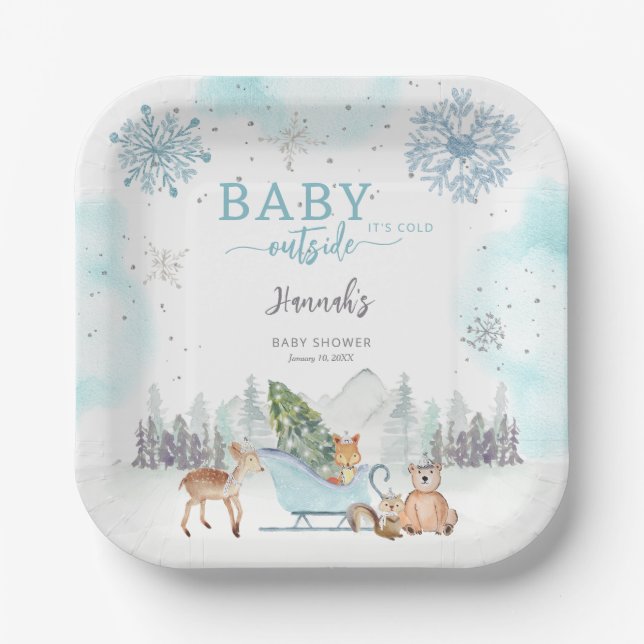 Baby Es ist kaltes Winterwald Außendusche. Pappteller (Vorderseite)