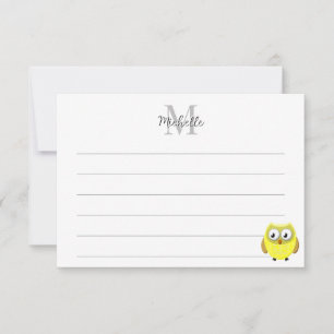 Baby-Eulen-Cartoon-liniertes Monogramm personalisi Mitteilungskarte