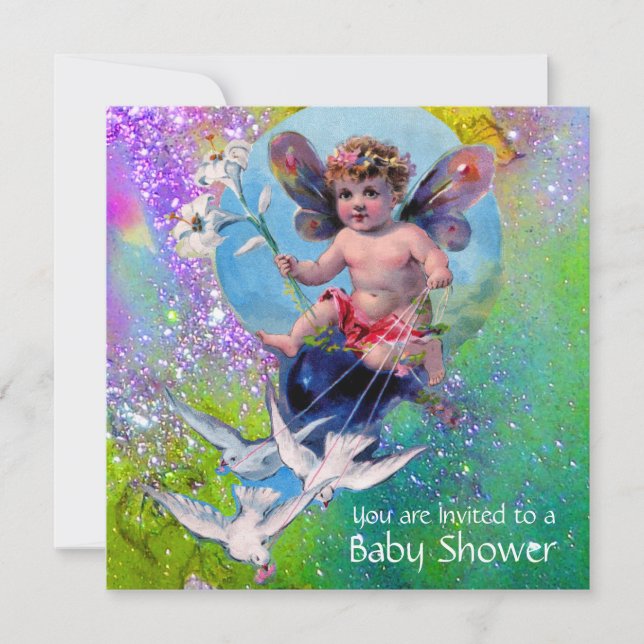 BABY FAIRY MIT HUNDEN IN GLITZERN GELB EINLADUNG (Vorderseite)