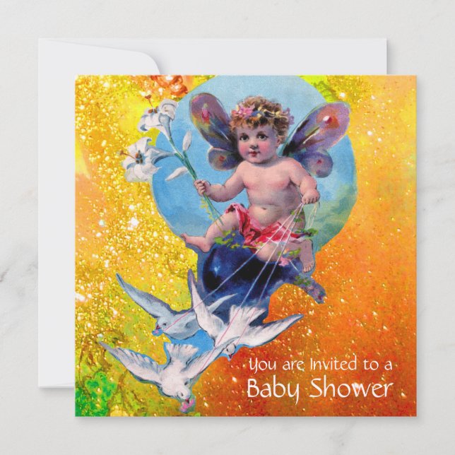 BABY FAIRY MIT HUNDEN IN GLITZERN GELB EINLADUNG (Vorderseite)