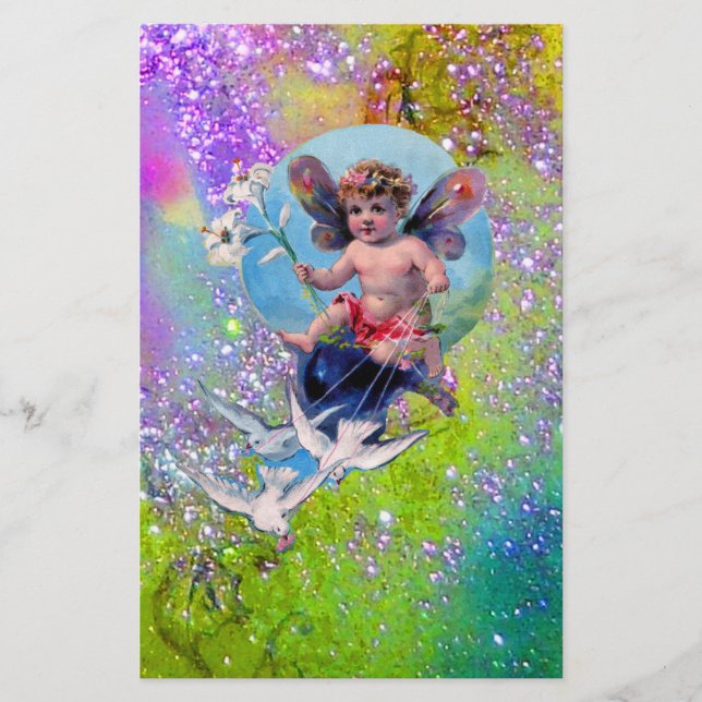 BABY FAIRY MIT HUNDEN IN GLITZERN, lila grün Briefpapier (Vorderseite)