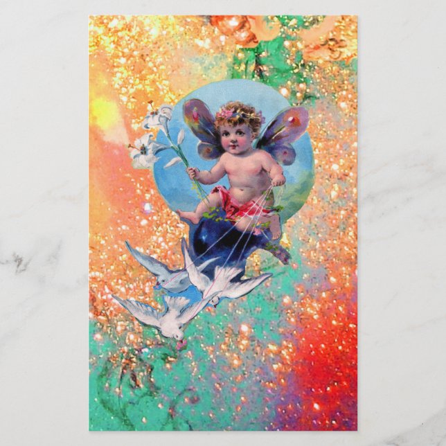 BABY FAIRY MIT HUNDEN IN GLITZERN, rosa grünes Gol Briefpapier (Vorderseite)