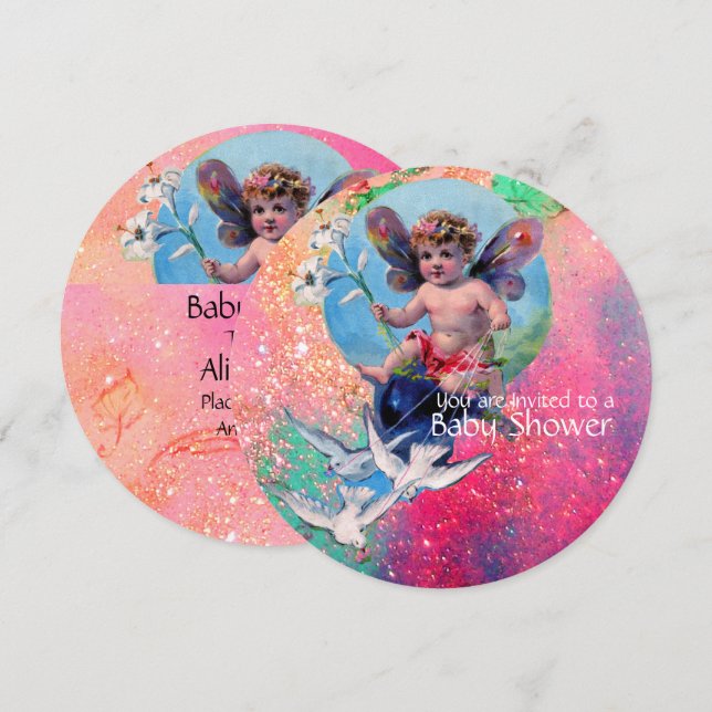 BABY FAIRY MIT HUNDEN IN GOLD PINK GLITZERN EINLADUNG (Vorne/Hinten)