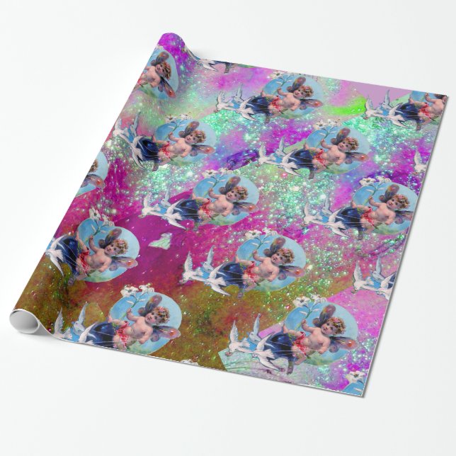 BABY FAIRY MIT HUNDEN IN LILA AQUAMARINEN BLAUE GL GESCHENKPAPIER (Ungerollt)