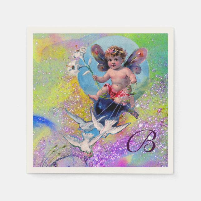BABY FAIRY MIT HUNDEN IN LILA GRÜNEN GLITZERN SERVIETTE (Vorderseite)