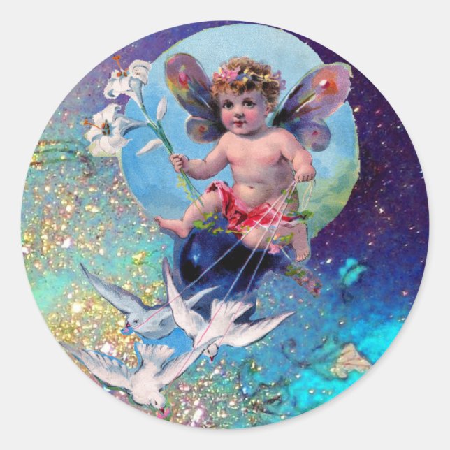 BABY FAIRY WITH DOVES IN GLITZERN blue green Runder Aufkleber (Vorderseite)