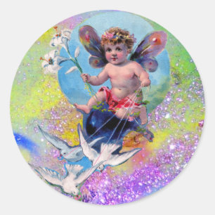 BABY FAIRY WITH DOVES IN GLITZERN blue Pink green Runder Aufkleber