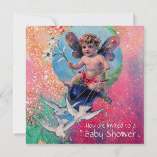 BABY FAIRY WITH DOVES IN GLITZERN Champagne Einladung