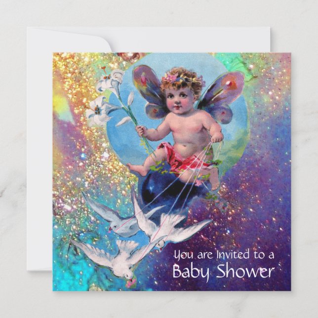 BABY FAIRY WITH DOVES IN GLITZERN Champagne Einladung (Vorderseite)