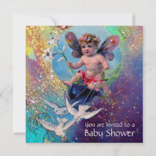 BABY FAIRY WITH DOVES IN GLITZERN Champagne Einladung
