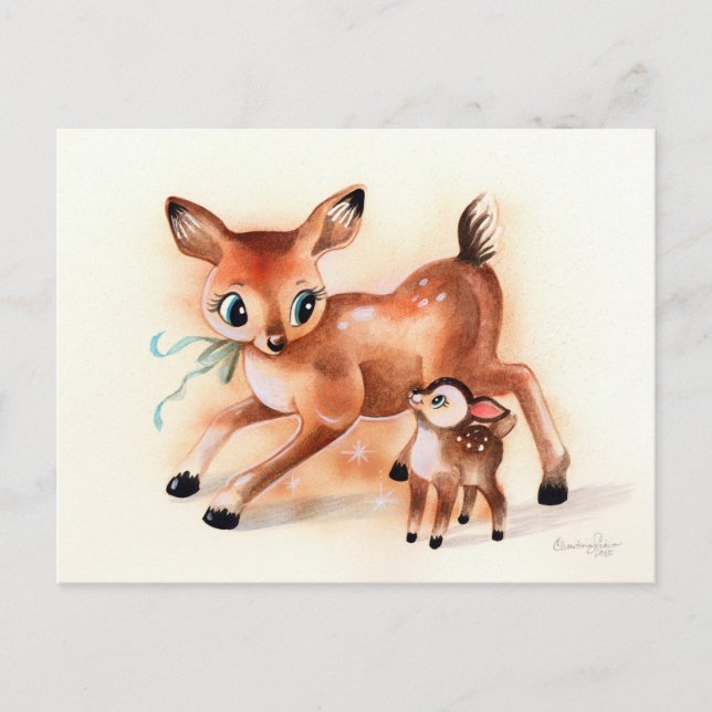 Baby Fawn und Mama Deer Niedlich Kitsch Postkarte (Vorderseite)