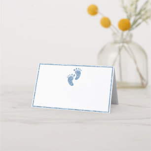 Baby Feet Blue Glitzer Glam Babydusche Platzkarte