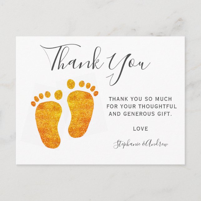 Baby Feet Gold Glitzer Babydusche Vielen Dank Einladungspostkarte (Vorderseite)