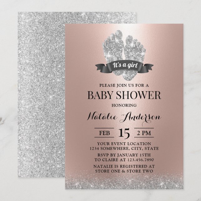 Baby Feet Moderne Rose Gold Girl Babydusche Einladung (Vorne/Hinten)