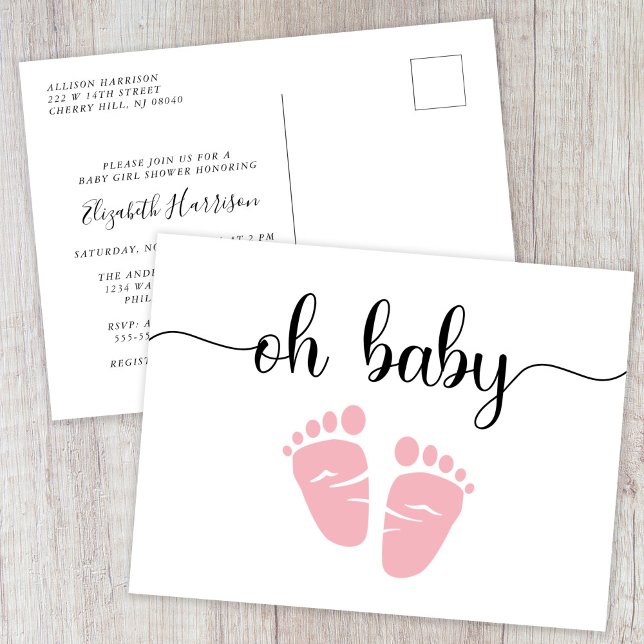 Baby Feet Pink Baby Girl Dusche Einladungspostkarte (Von Creator hochgeladen)