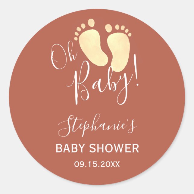 Baby Feet Terracotta Yellow Baby Dusche Runder Aufkleber (Vorderseite)