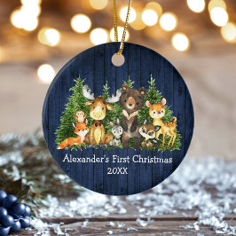 Baby First Blue Wood Christmas Forest Animals Keramik Ornament