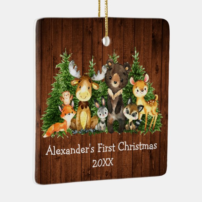 Baby First Christmas Animals Rustic - PHOTO BACK Keramikornament (Rechts)