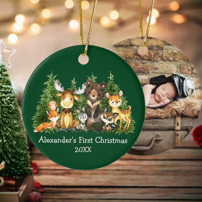 Baby First Christmas Animes Green FOTO BACK Rd Keramik Ornament (Customize with name, year and photo on back.)