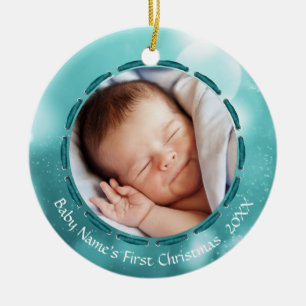 Baby First Christmas Aquamarin Bokeh Personalisier Keramikornament