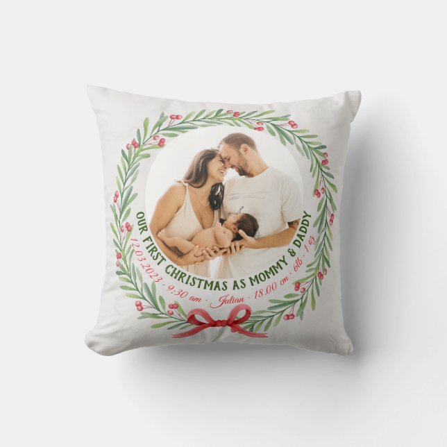 Baby First Christmas Custom 2-Foto & Geburtsstunde Kissen (Vorderseite)