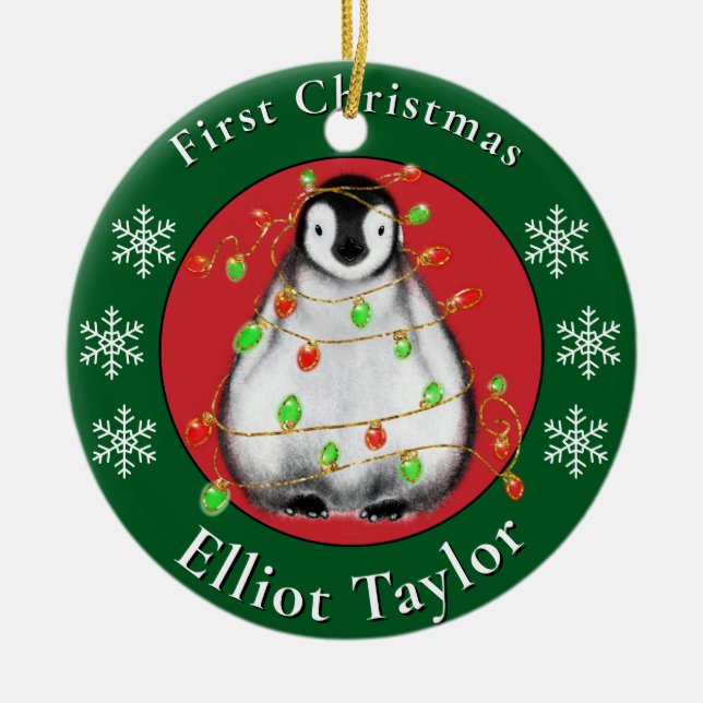 Baby first Christmas cute penquin personalize Keramik Ornament (Vorne)
