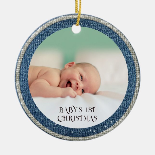 Baby First Christmas Denim Rhinestones Snowflakes Keramik Ornament (Vorne)