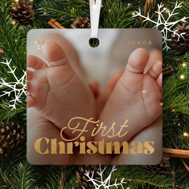 Baby First Christmas Elegantes Modern Custom Foto Ornament Aus Metall (Von Creator hochgeladen)