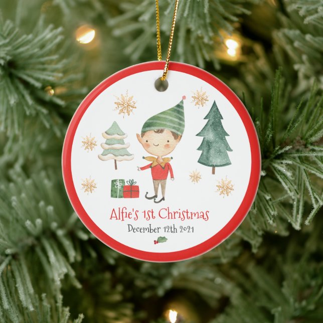 Baby First Christmas Elf Snowflake Traditional Red Keramik Ornament (Baum)